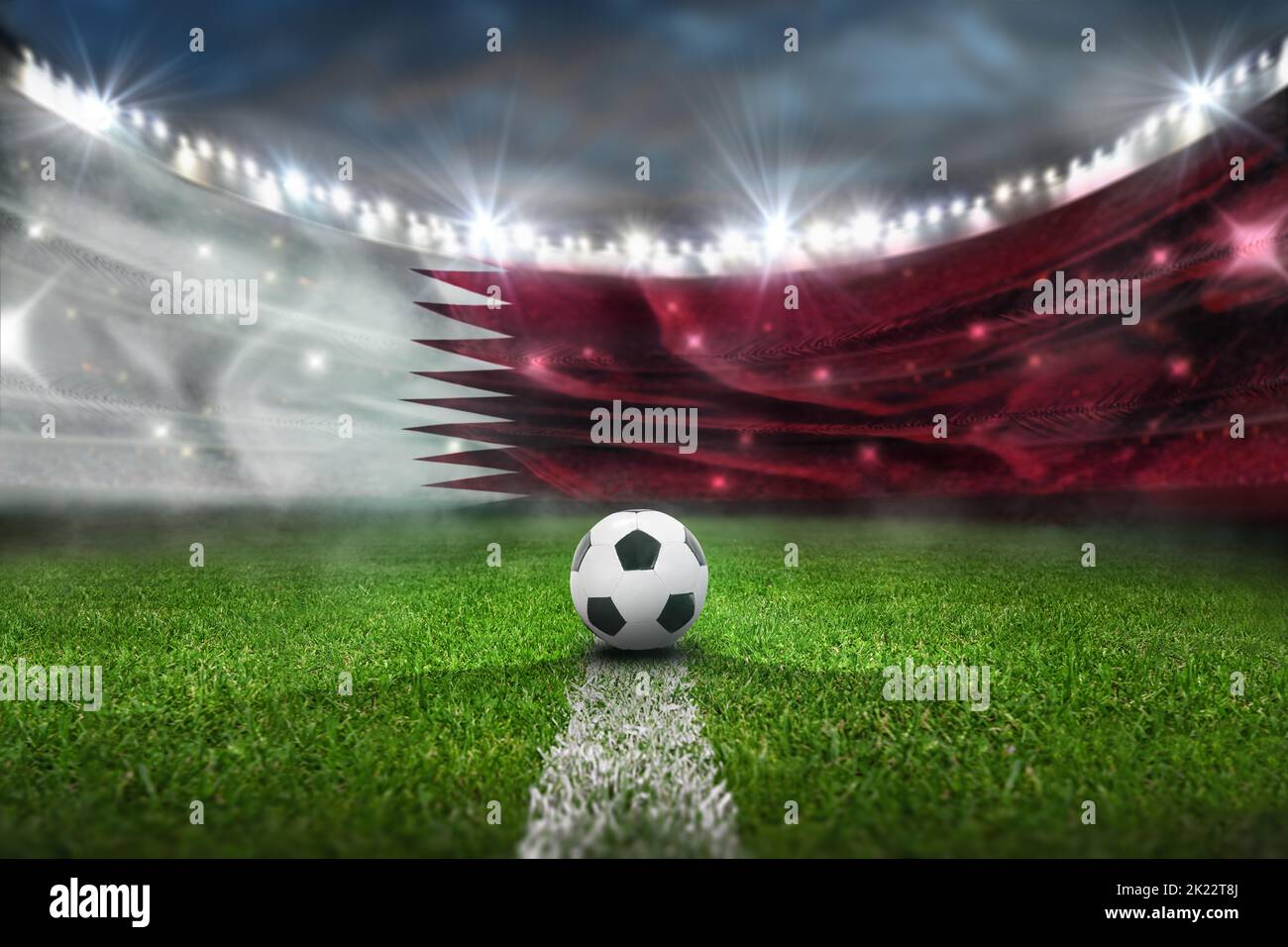 soccer stadium - Qatar flag - ball center, midfield Stock Photo