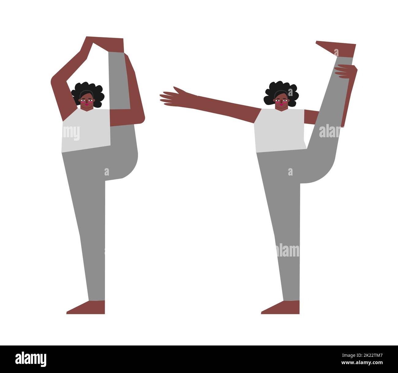 Vector isolated concept with flat body positive characters. African american adult woman learns balancing posture and does vertical standing split at Stock Vector