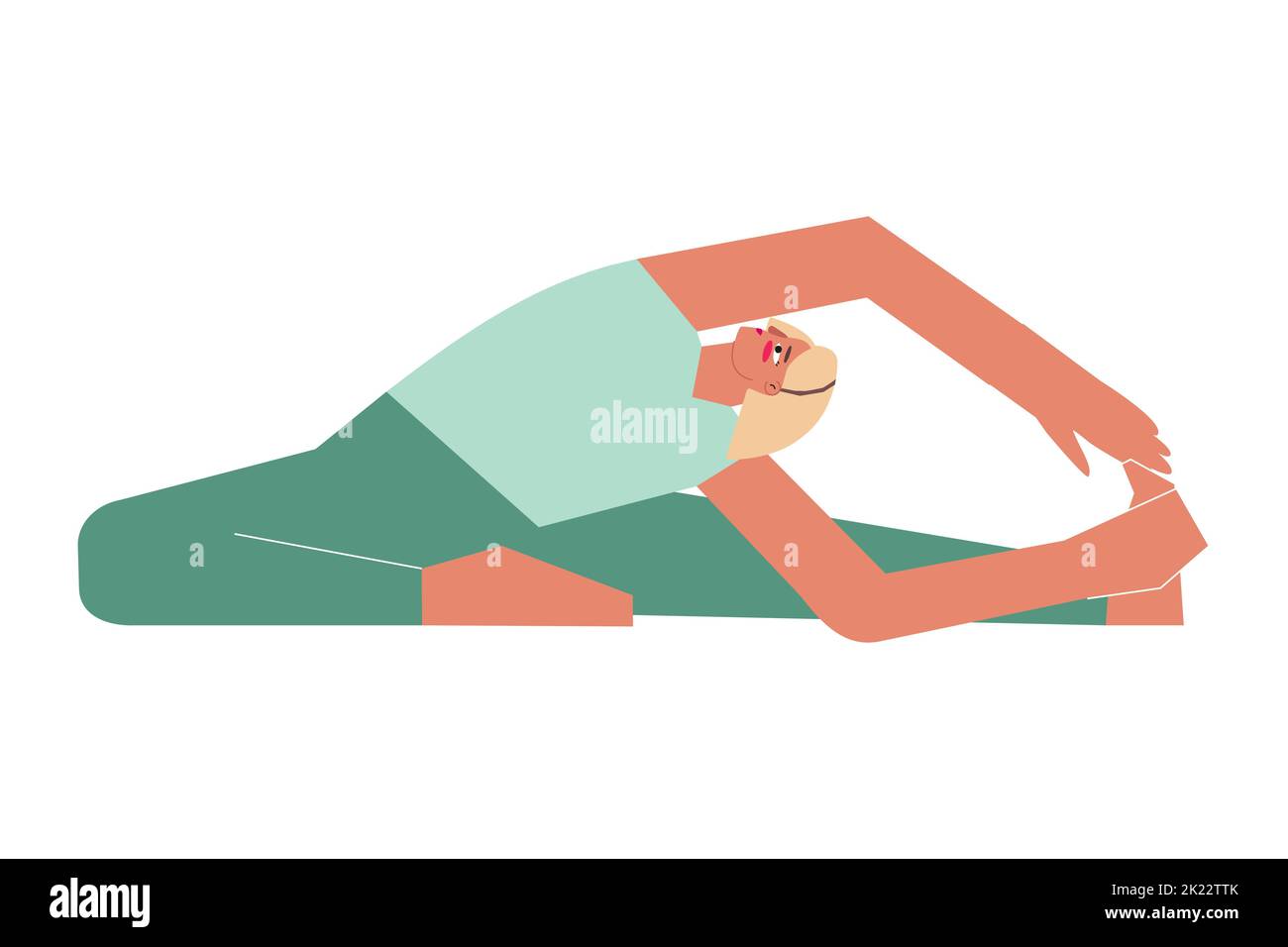 Vector isolated illustration with flat female character. Sportive woman learns Seated posture Parivrtta Janu Sirsasana at yoga class. Fitness exercise Stock Vector