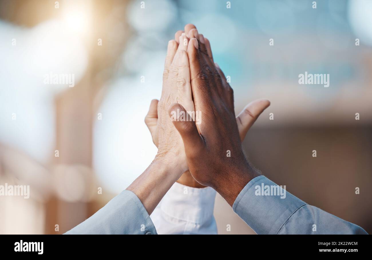 High five hands, support and success of team building, trust and ...