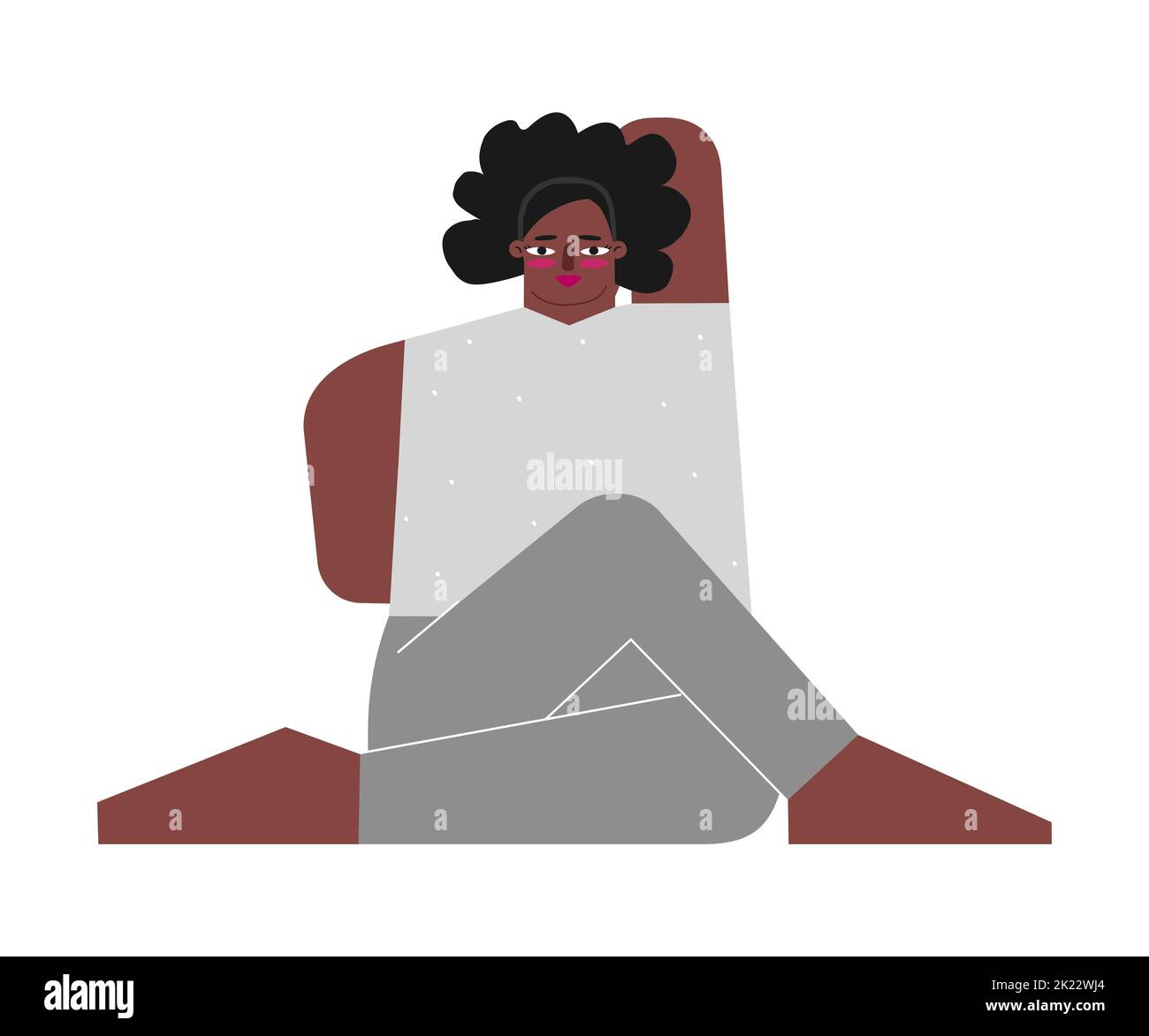 Vector isolated illustration with flat female african american character. Strong body positive woman learns stretching posture and does Cow Face Pose Stock Vector