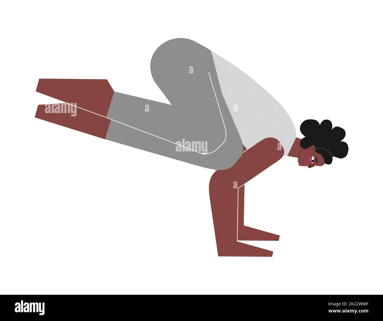 Vector isolated illustration with flat female body positive character. Sportive african american woman learns posture Parsva Bakasana at yoga class. F Stock Vector