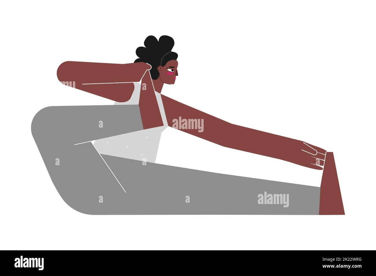 Vector isolated concept with flat female character. Strong african american woman learns posture Akarna Dhanurasana at yoga class. Fitness exercise - Stock Vector