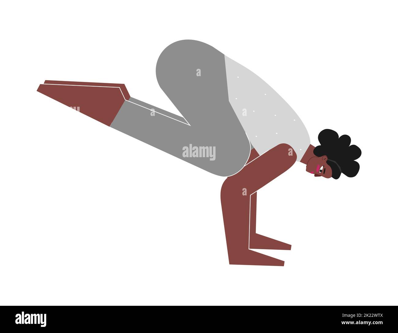 Vector isolated illustration with flat female body positive character. Sportive african american woman learns posture Bakasana at yoga class. Fitness Stock Vector