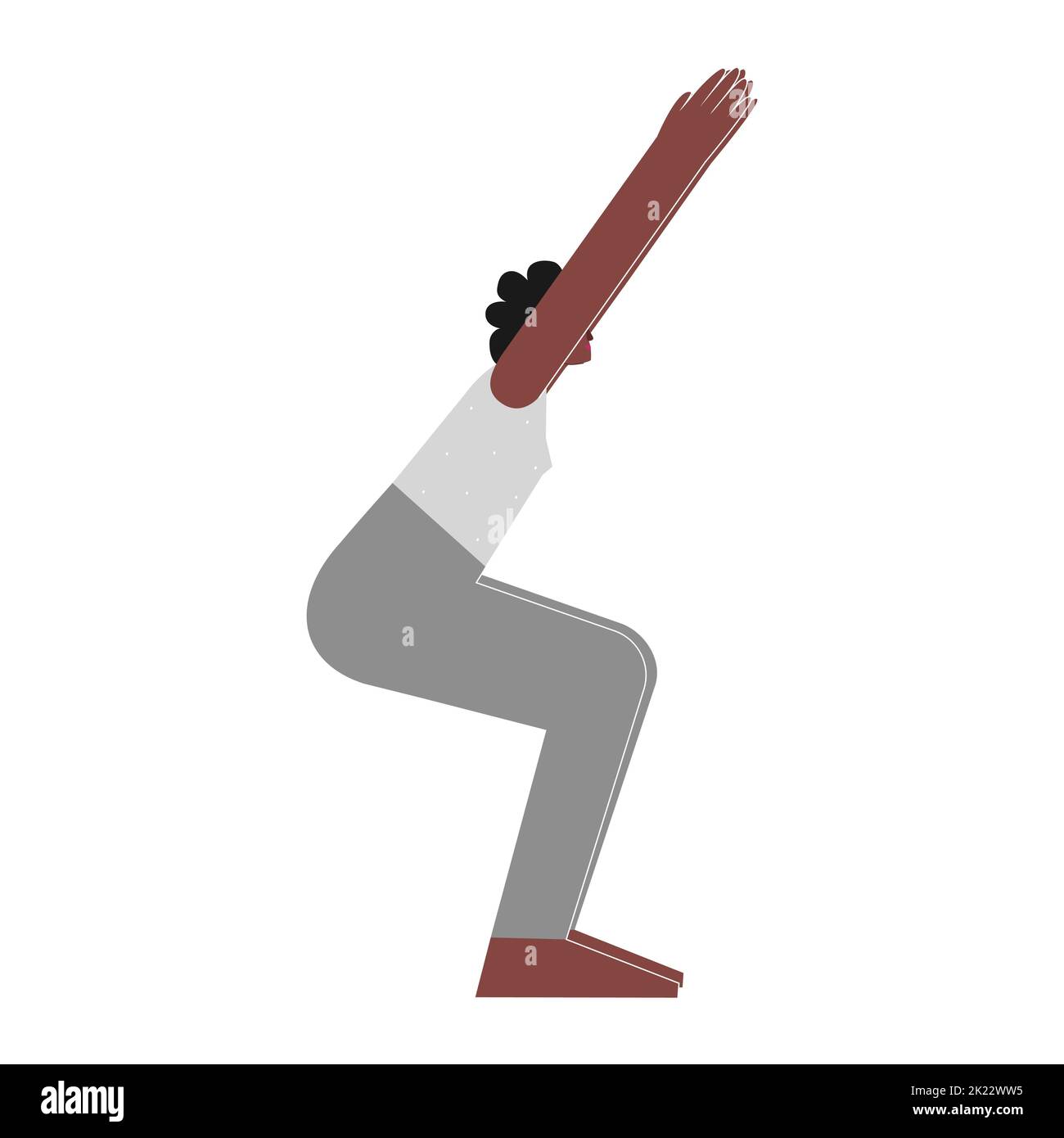 Vector isolated illustration with flat female african american character. Sportive woman learns Strengthening posture Utkatasana at yoga class. Fitnes Stock Vector