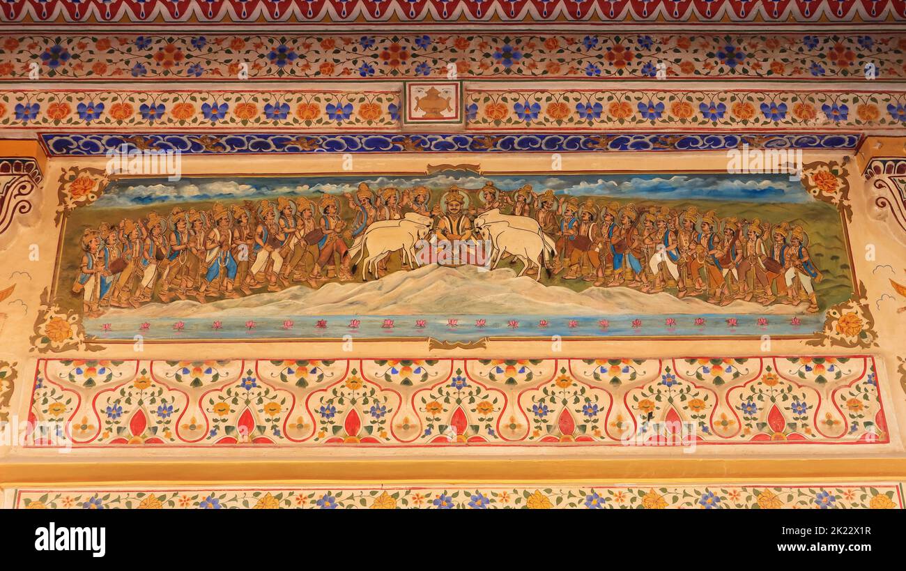 Ancient Painting on the Ceilling of Bhandeshwar Jain Temple, Bikaner, Rajasthan, India. Stock Photo