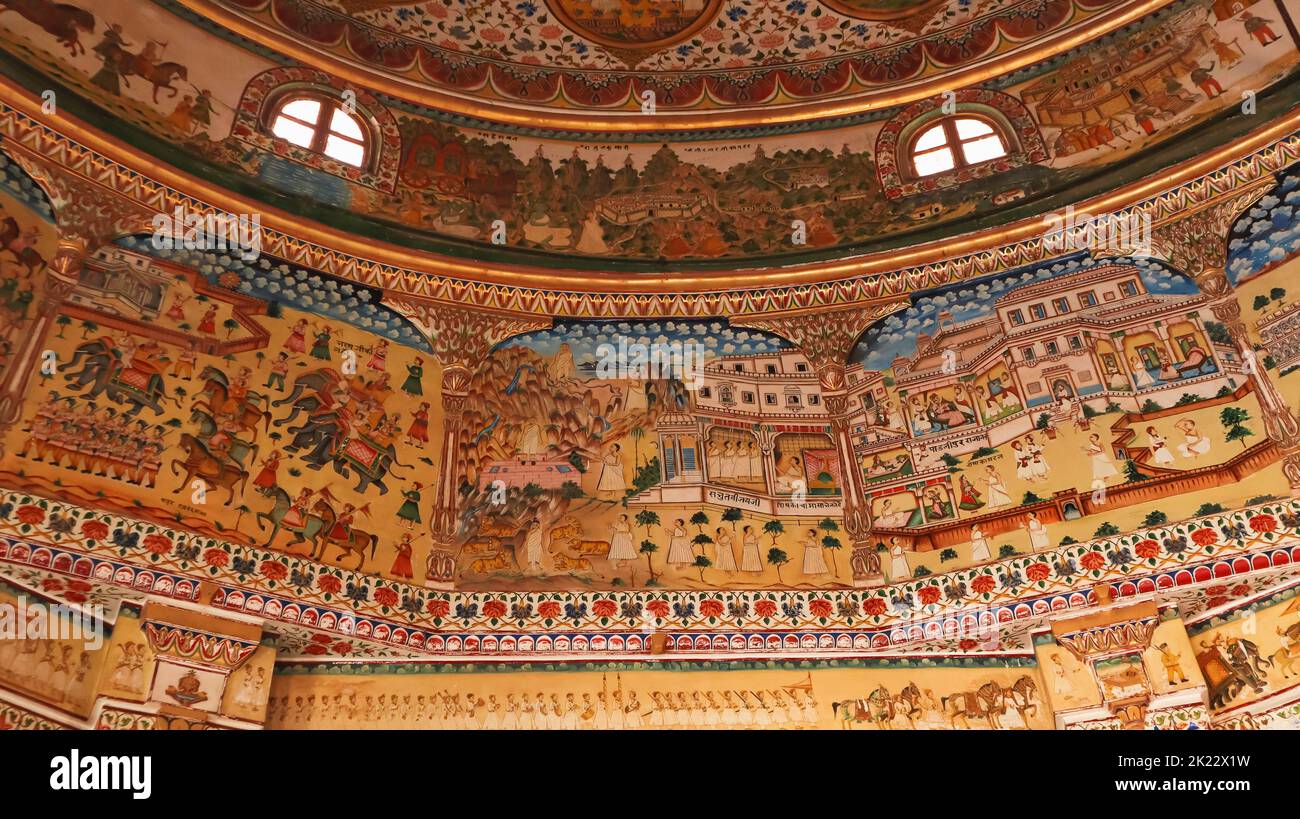 Ancient Painting on the Ceilling of Bhandeshwar Jain Temple, Bikaner, Rajasthan, India. Stock Photo