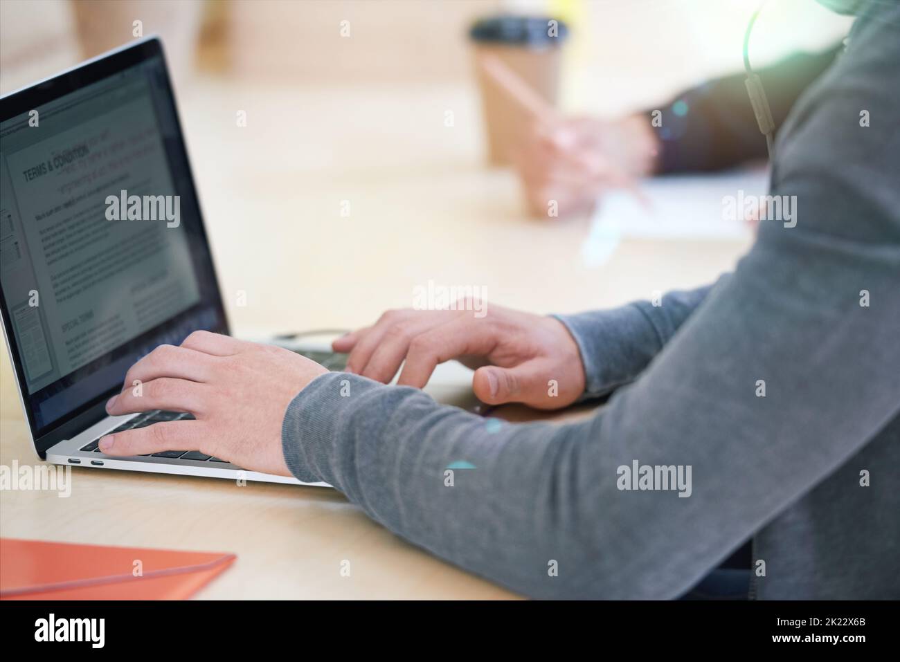 Hands, laptop and businessman with digital contract for sales company, marketing startup or