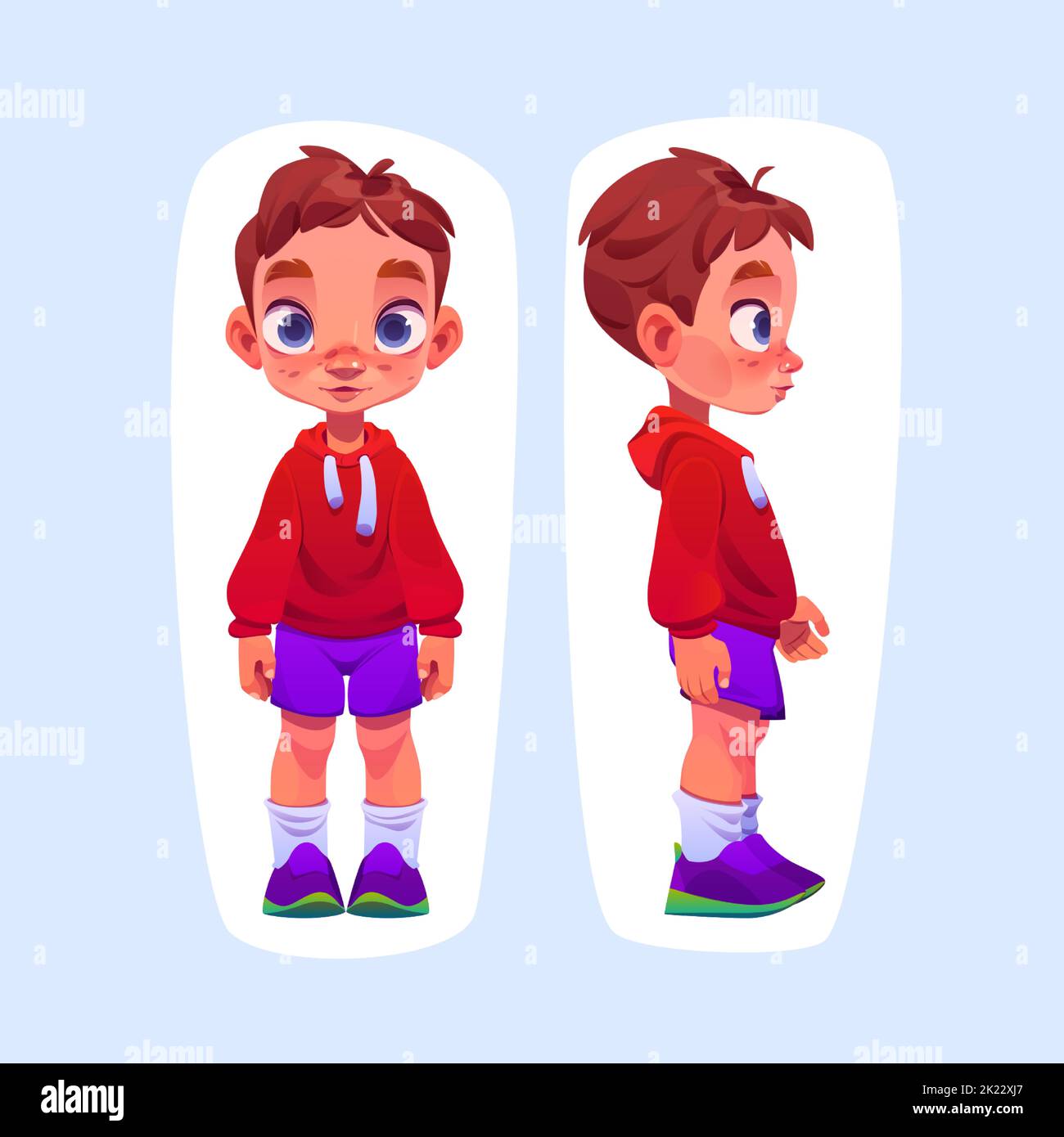 Little boy cartoon character front and side view. Cute toddler wear red hoodie, purple shorts, white socks and shoes. Funny child with ginger hair, blue eyes and freckles on face Vector illustration Stock Vector