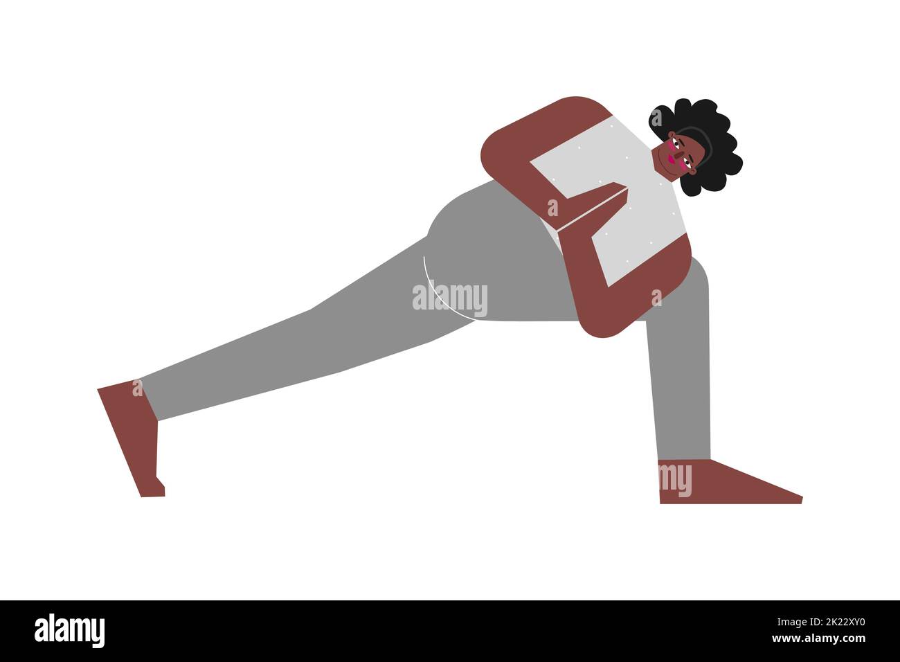 Vector isolated illustration with flat female african american character. Sportive woman learns Strengthening posture Parivrtta Parsvakonasana at yoga Stock Vector