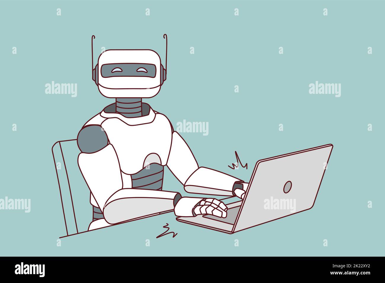 Robot working on computer in office. Modern humanoid typing on laptop. Artificial intelligence concept. Robotic assistant at workplace. Vector illustration.  Stock Vector