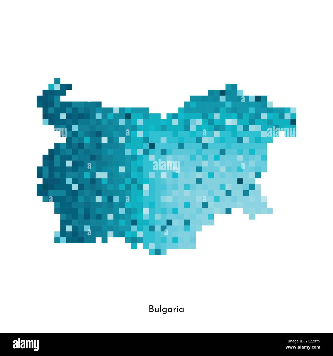 Vector isolated geometric illustration with simplified icy blue silhouette of Bulgaria map. Pixel art style for NFT template. Dotted logo with gradien Stock Vector