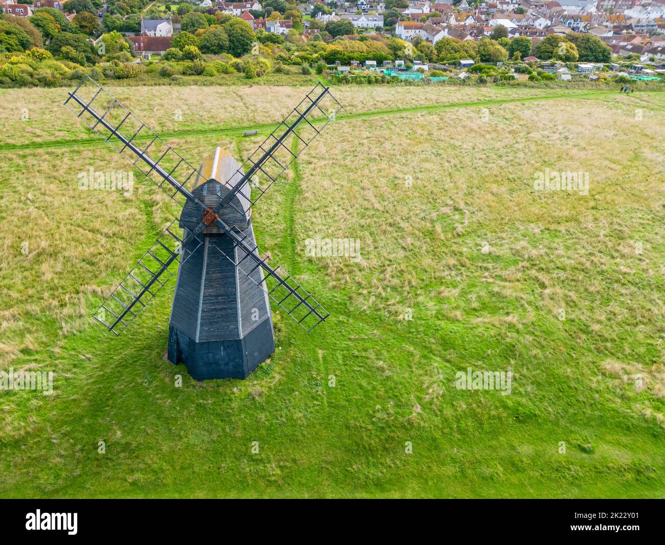 aerial view of rottingdean windmill or beacon mill a grade 2 listed smock mill built in 1802 on the east sussex coast Stock Photo