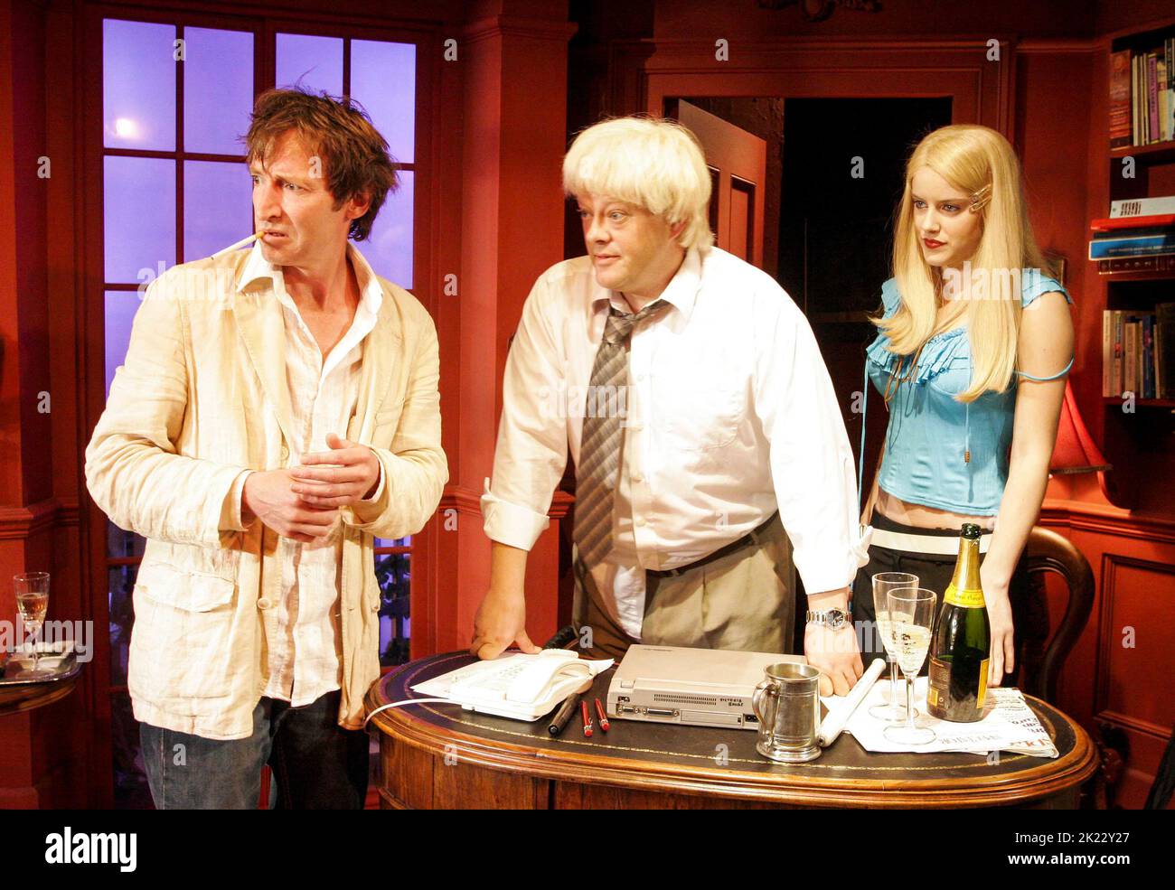 l-r: Peter Hamilton-Dyer (Rod Liddle), Tim Hudson (Boris Johnson), Michelle Ryan (Tiffany the Mole) in WHO'S THE DADDY? by Toby Young & Lloyd Evans at the King's Head Theatre, London N1 25/07/2005 directed by Tamara Harvey Stock Photo