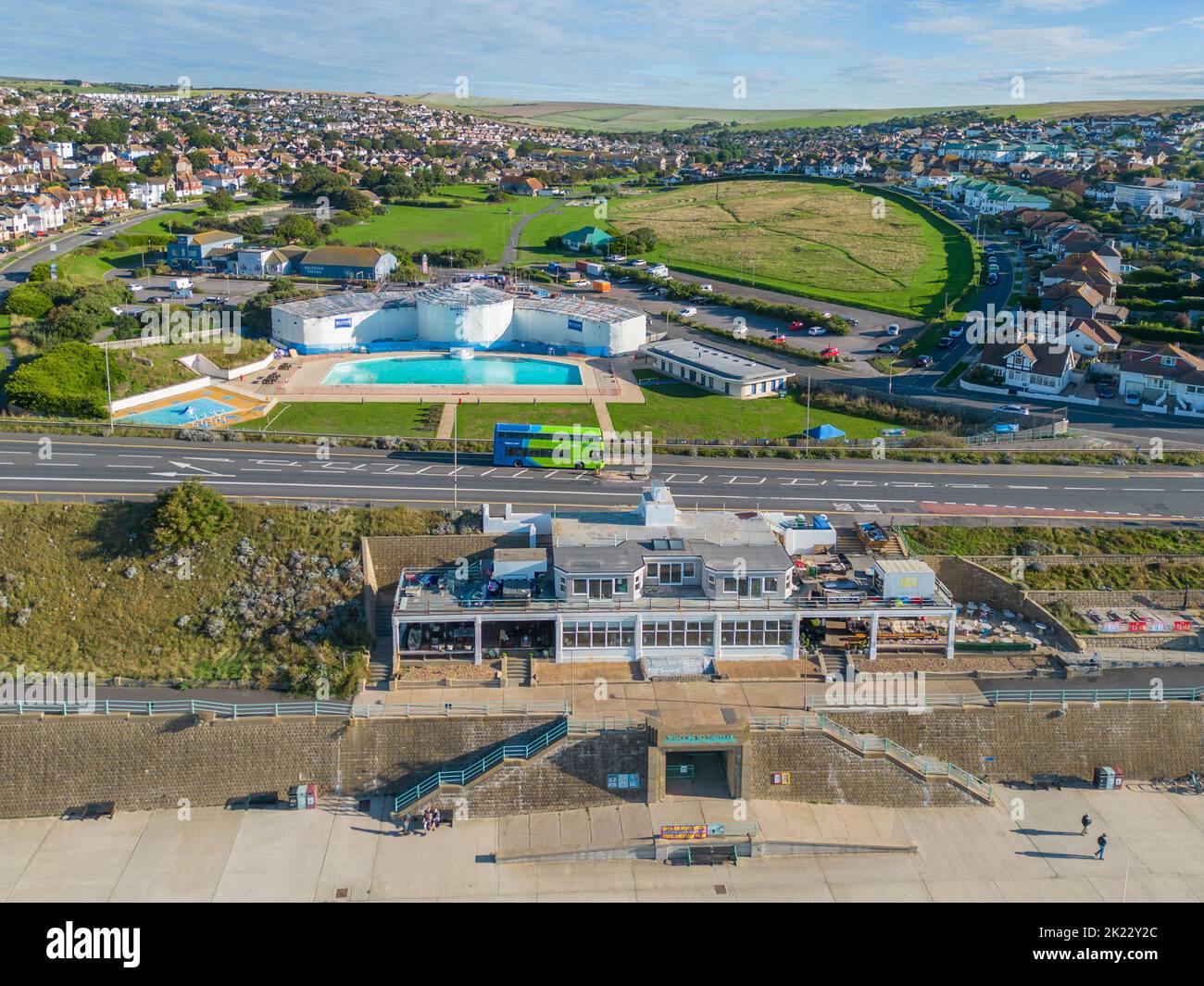 aerial view of saltdean seafront and the lido on the east sussex coast Stock Photo