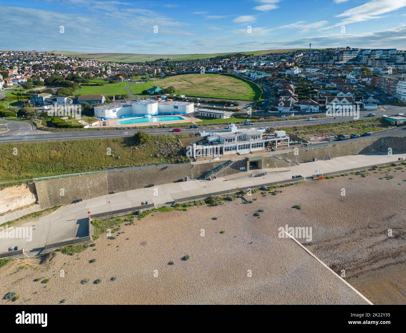 aerial view of saltdean seafront beach and lido on the east sussex coast Stock Photo