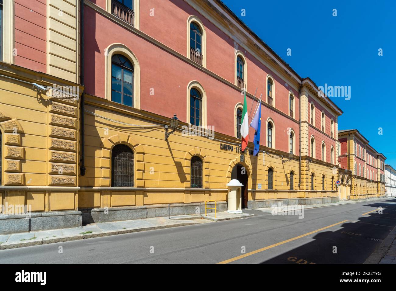 Cuneo, Piemonte, Italy - August 06, 2022: Cesare Battisti Barracks headquarters of the Guardia di Finanza station (finance police) in via Battisti Stock Photo