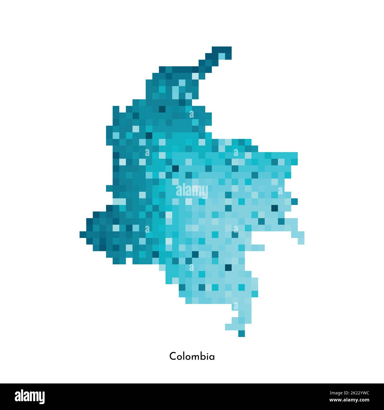 Vector isolated geometric illustration with simplified icy blue silhouette of Colombia map. Pixel art style for NFT template. Dotted logo with gradien Stock Vector