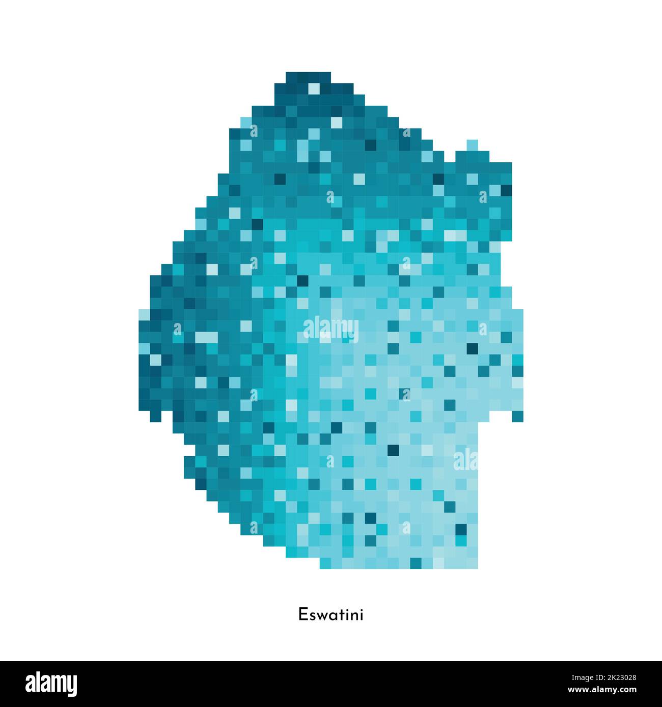 Vector isolated geometric illustration with simplified icy blue silhouette of Eswatini (Swaziland) map. Pixel art style for NFT template. Dotted logo Stock Vector