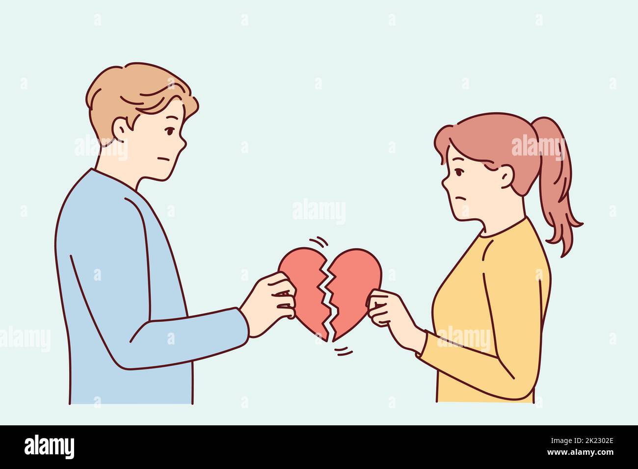 Unhappy couple holding broken heart suffer after breakup or split