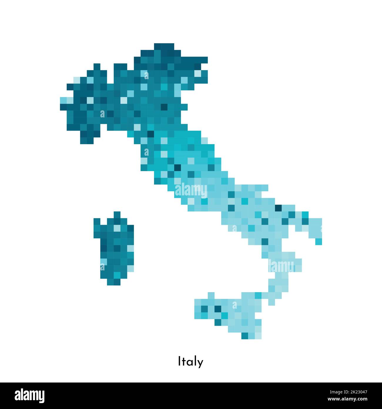 Vector isolated geometric illustration with simple icy blue shape of Italy map. Pixel art style for NFT template. Dotted logo with gradient texture fo Stock Vector