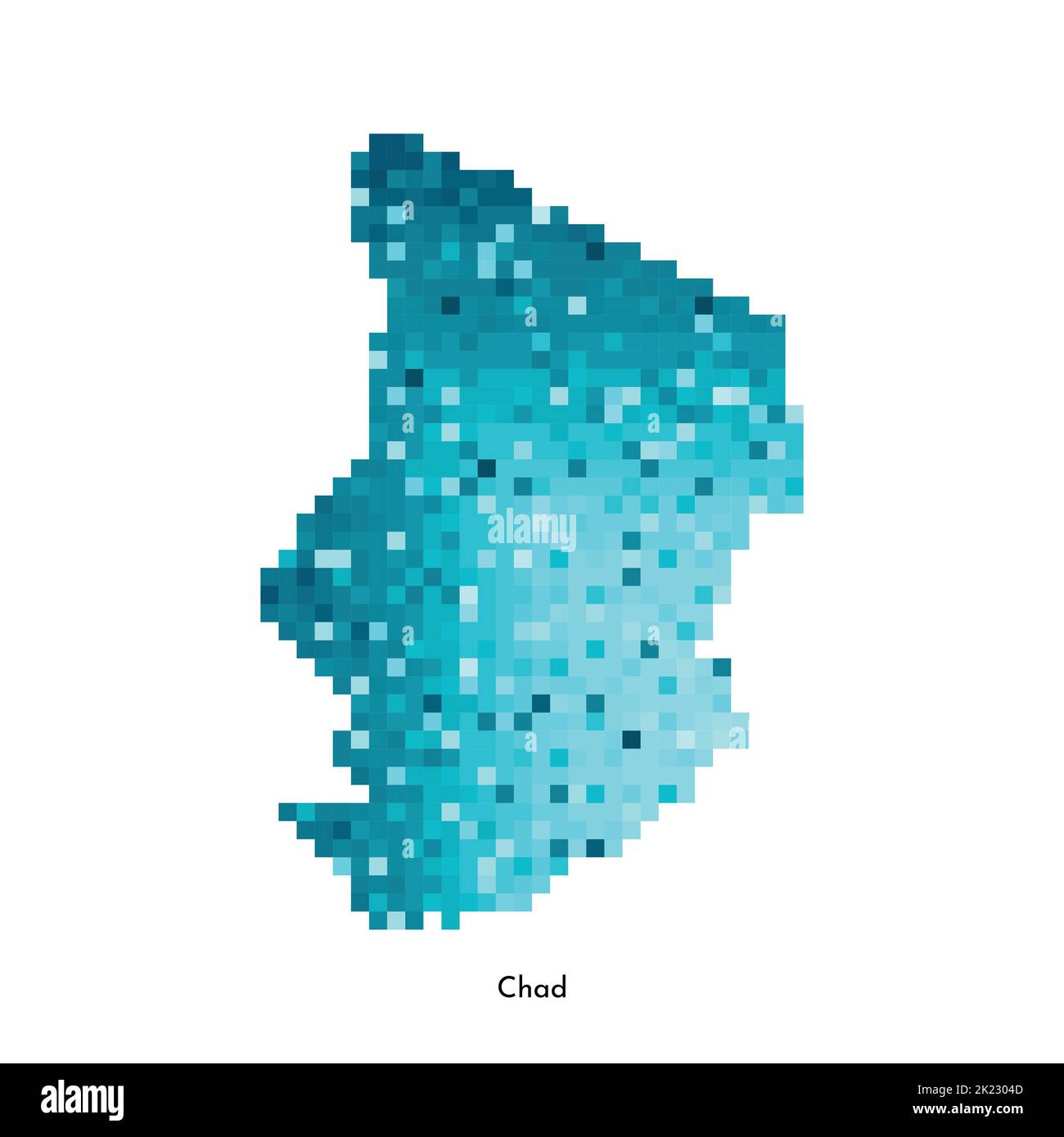 Vector isolated geometric illustration with simplified icy blue silhouette of Chad map. Pixel art style for NFT template. Dotted logo with gradient te Stock Vector