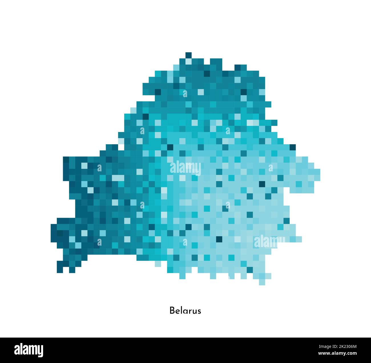 Vector isolated geometric illustration with simplified icy blue silhouette of Belarus map. Pixel art style for NFT template. Dotted logo with gradient Stock Vector