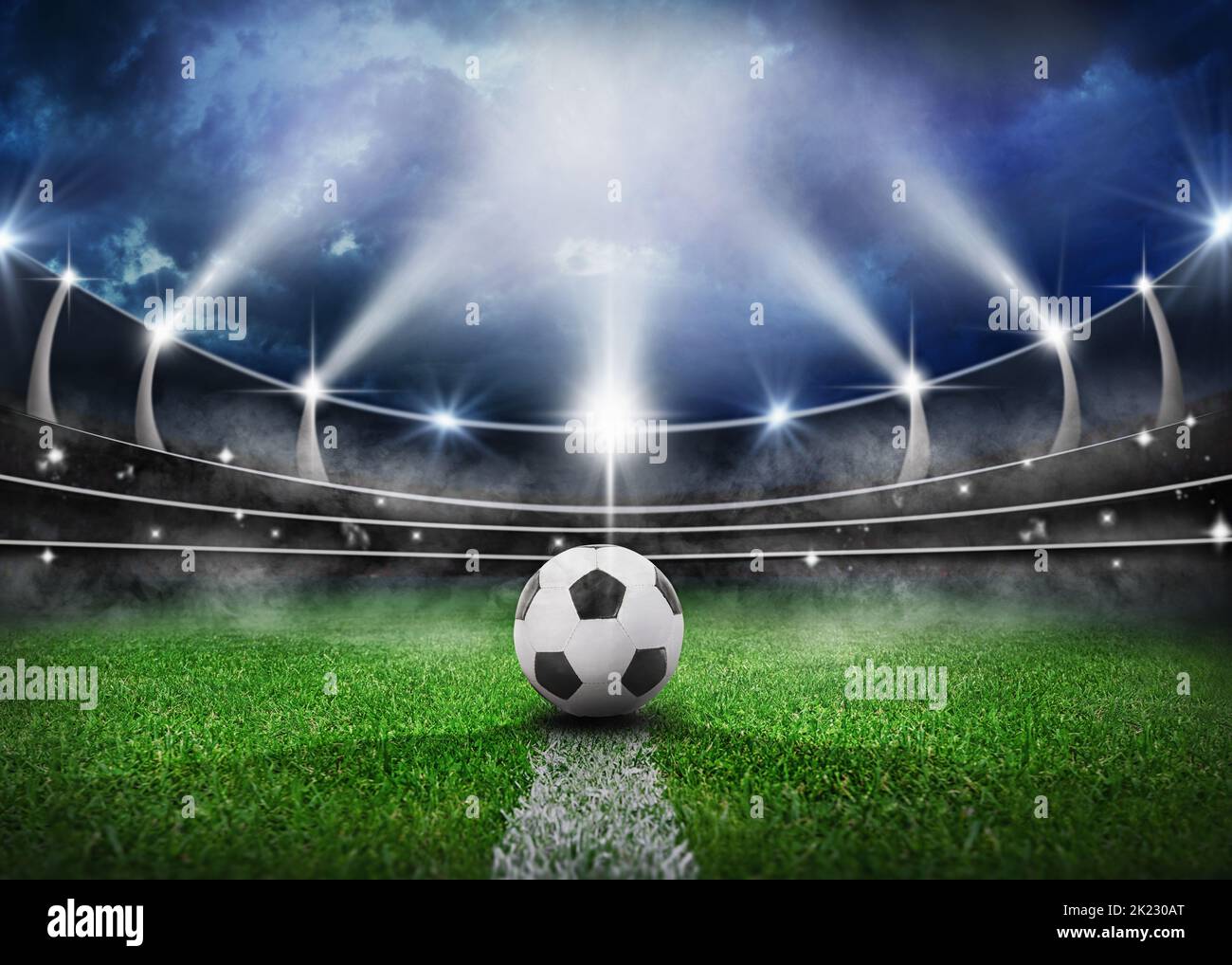 textured soccer game field with a soccer ball on the line in fog