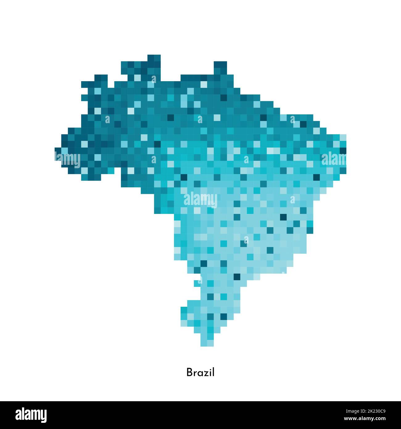 Vector isolated geometric illustration with simplified icy blue silhouette of Brazil map. Pixel art style for NFT template. Dotted logo with gradient Stock Vector