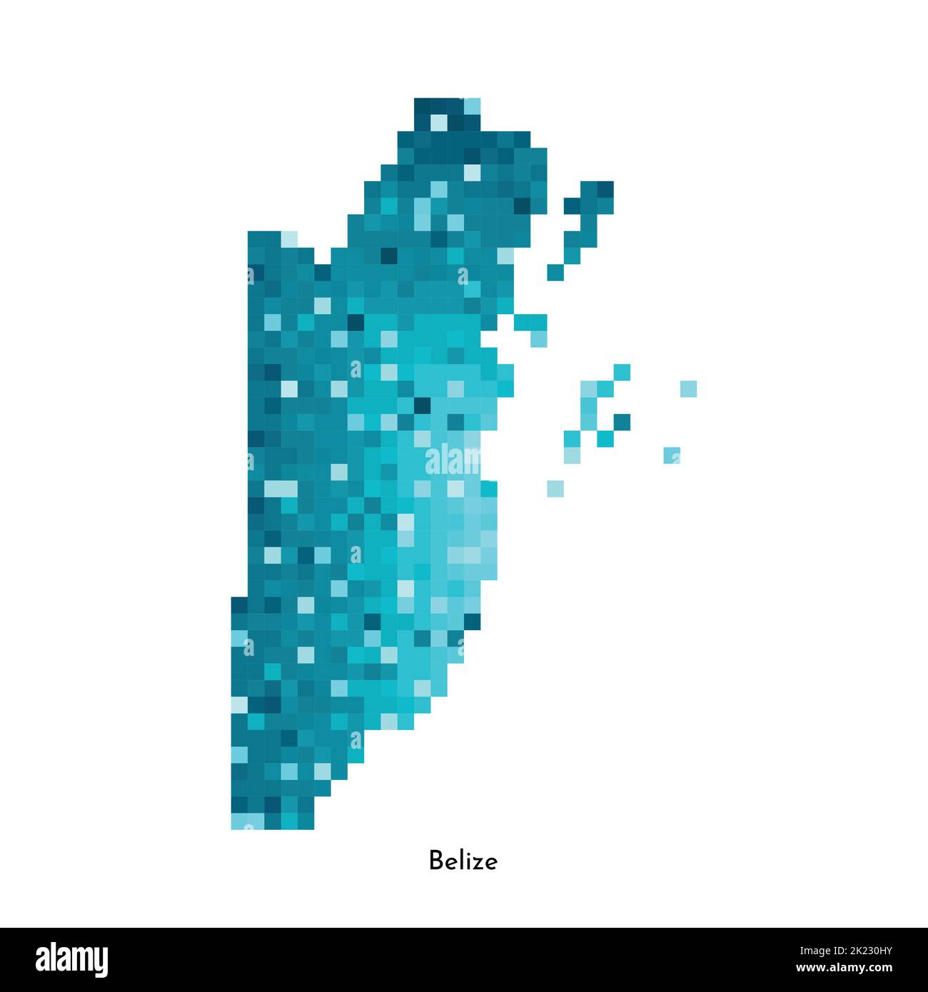 Vector isolated geometric illustration with simplified icy blue silhouette of Belize map. Pixel art style for NFT template. Dotted logo with gradient Stock Vector