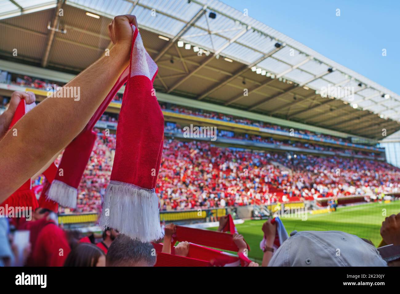 Football fans celebrating a victory in stadium Stock Photo Alamy