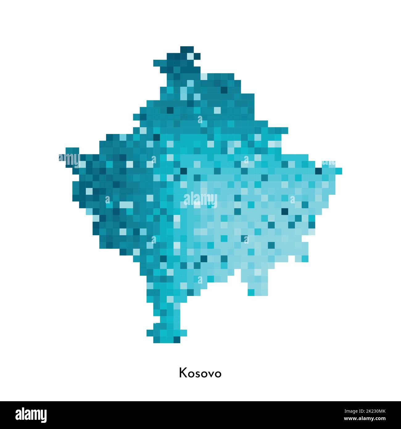 Vector isolated geometric illustration with simplified icy blue silhouette of Kosovo area map. Pixel art style for NFT template. Dotted logo with grad Stock Vector