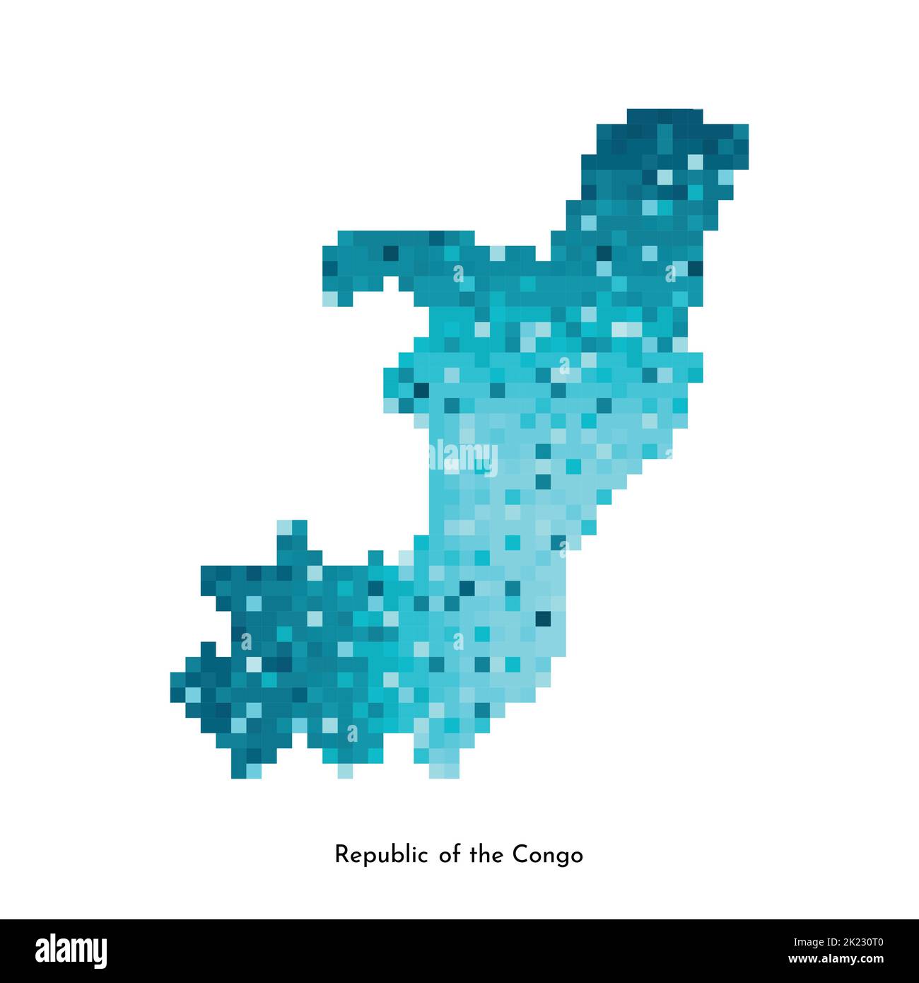 Vector isolated geometric illustration with simplified icy blue silhouette of Republic of the Congo map. Pixel art style for NFT template. Dotted logo Stock Vector