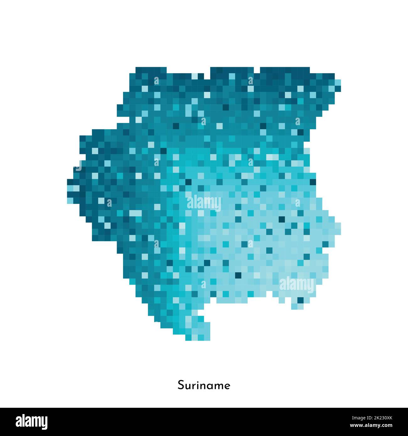 Vector isolated geometric illustration with simple icy blue shape of Suriname map. Pixel art style for NFT template. Dotted logo with gradient texture Stock Vector