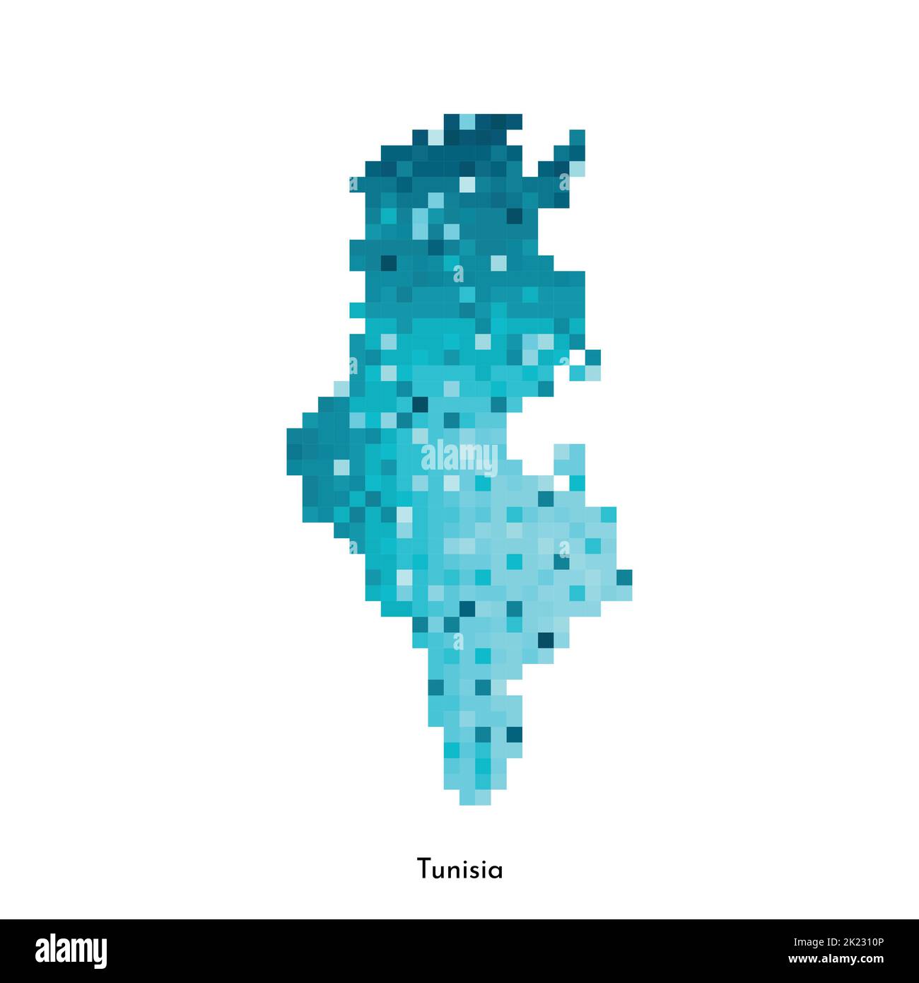 Vector isolated geometric illustration with simple icy blue shape of Tunisia map. Pixel art style for NFT template. Dotted logo with gradient texture Stock Vector
