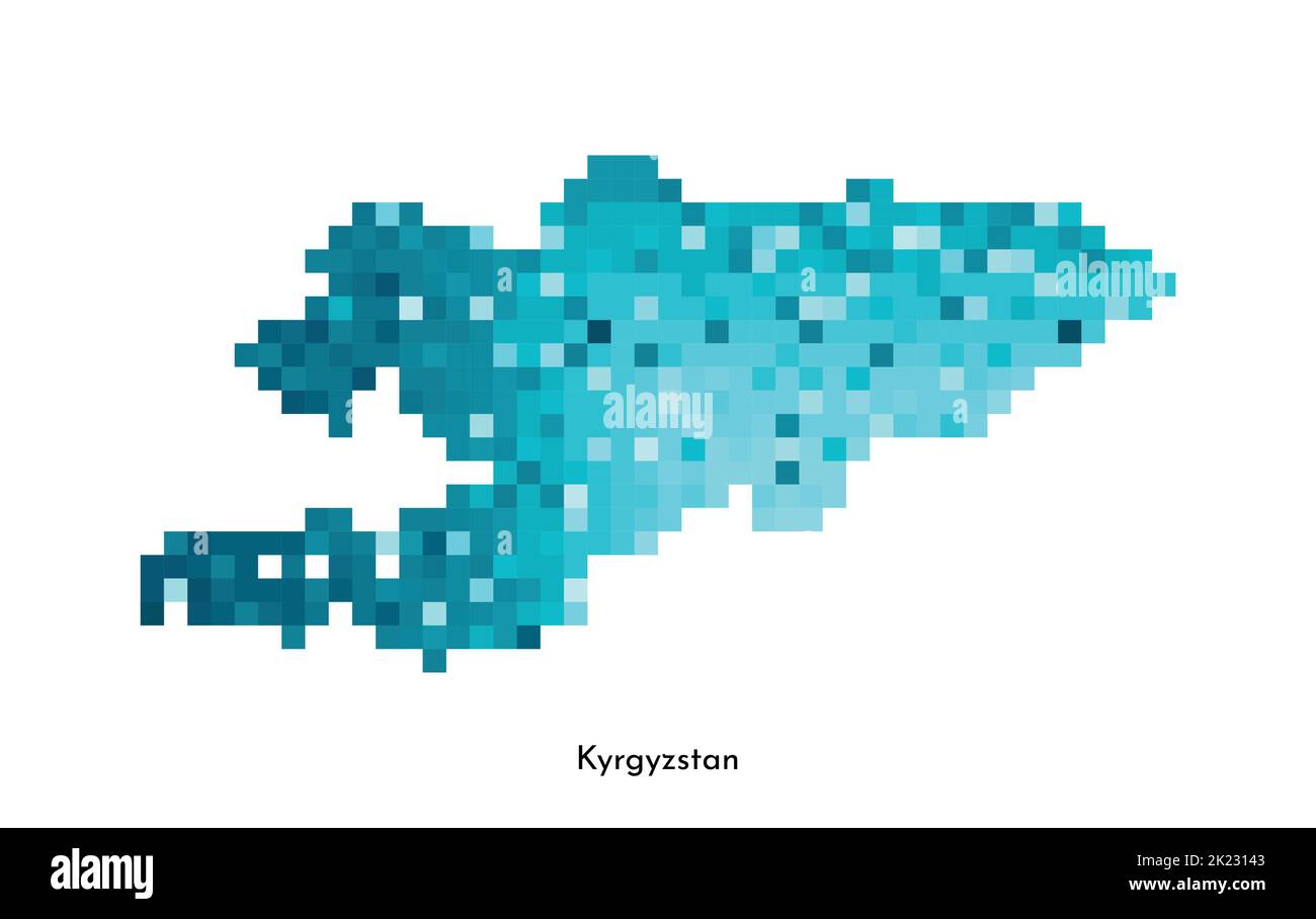 Vector isolated geometric illustration with simple icy blue shape of Kyrgyzstan map. Pixel art style for NFT template. Dotted logo with gradient textu Stock Vector