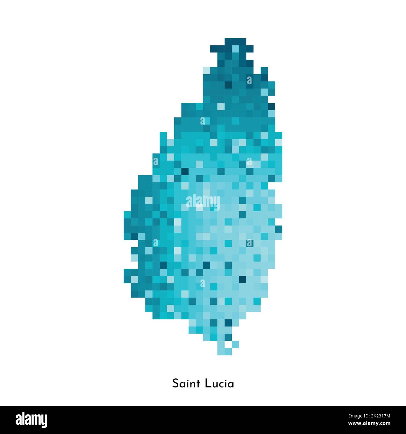 Vector isolated geometric illustration with simple icy blue shape of Saint Lucia map. Pixel art style for NFT template. Dotted logo with gradient text Stock Vector