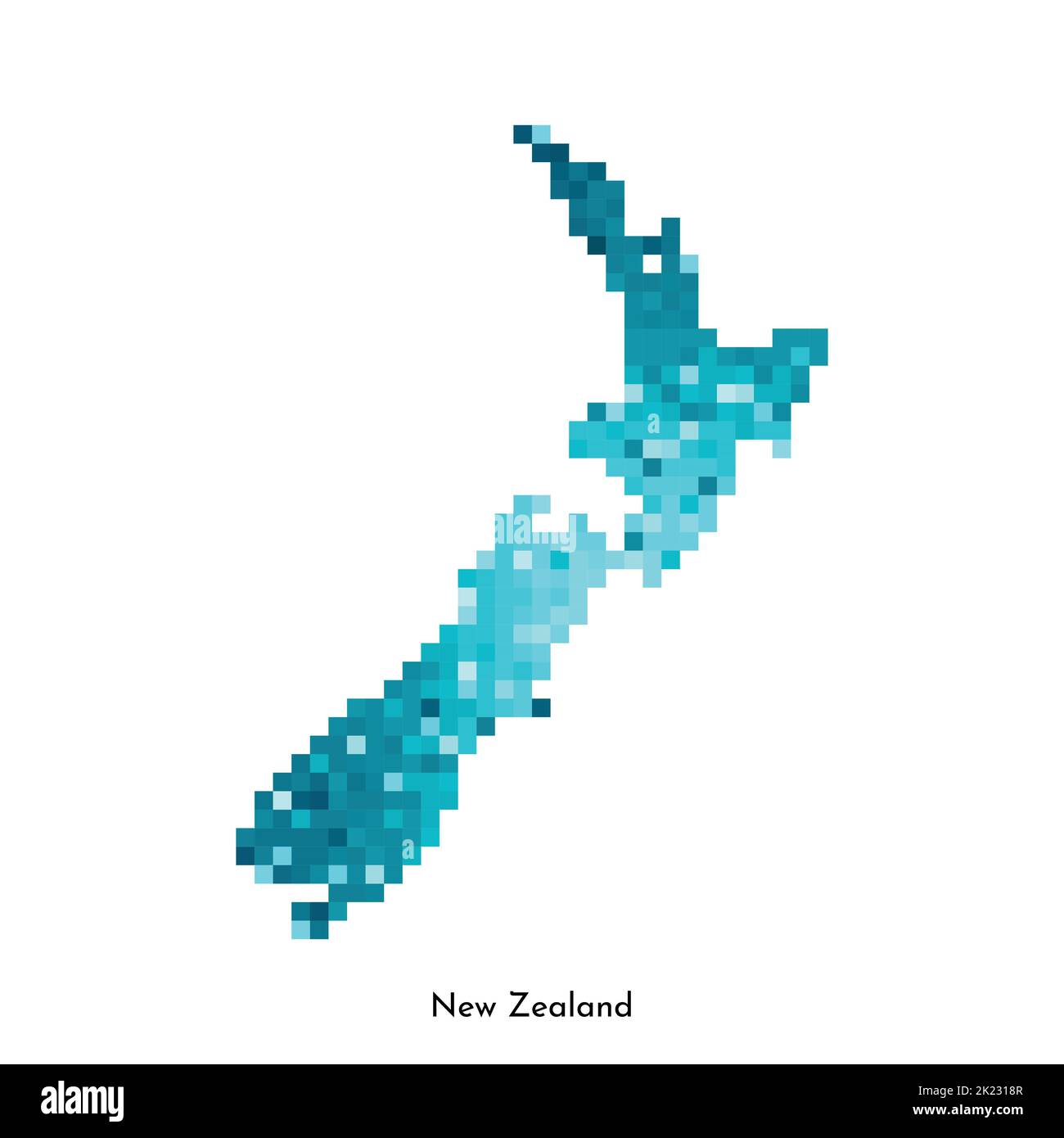 Vector isolated geometric illustration with simple icy blue shape of New Zealand map. Pixel art style for NFT template. Dotted logo with gradient text Stock Vector