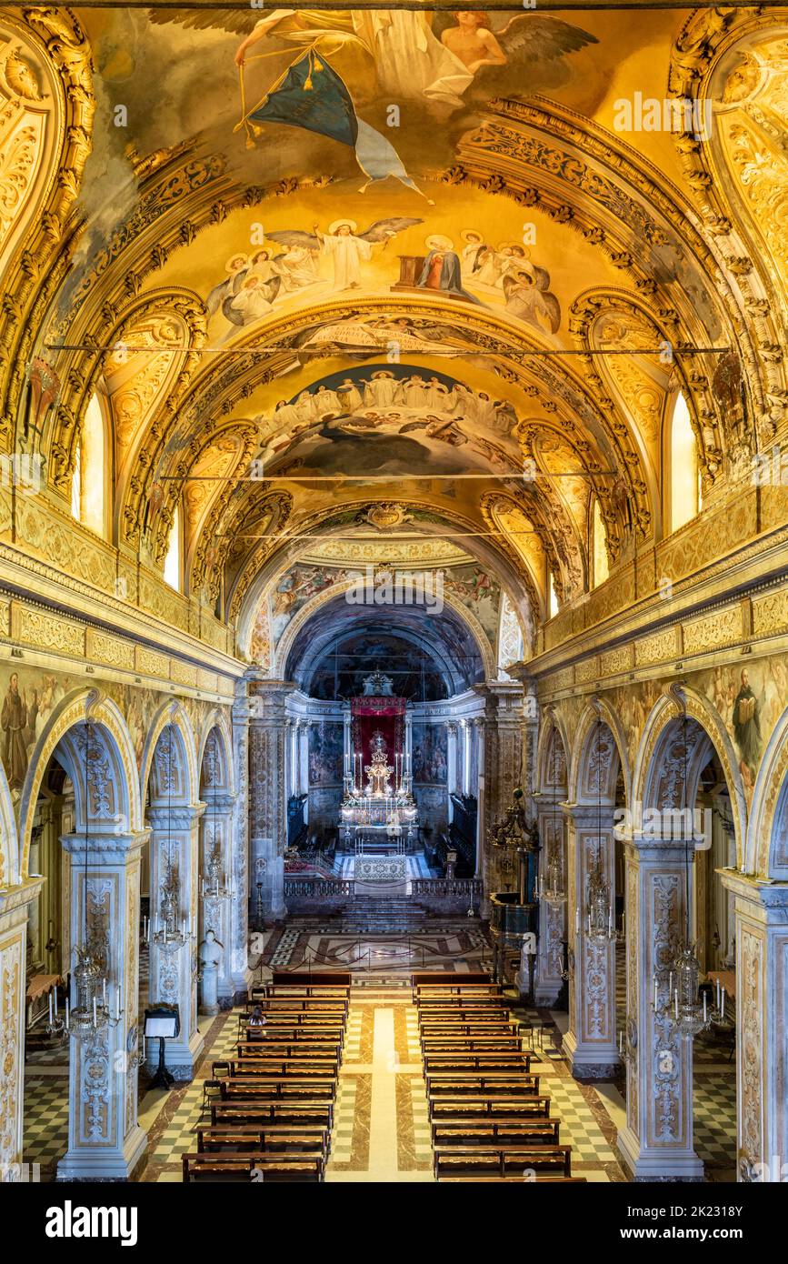 The spectacular painted ceilings in the interior of the 17c Baroque Duomo (cathedral) of Acireale, near Catania, Sicily, Italy Stock Photo