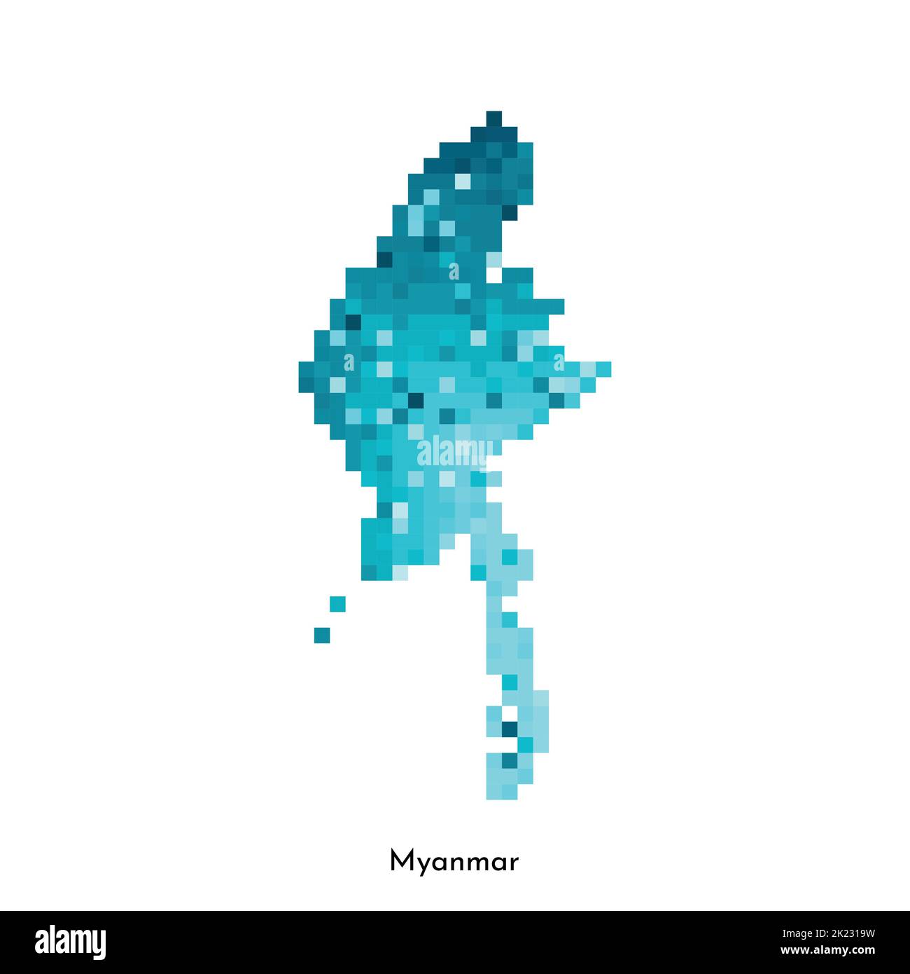 Vector isolated geometric illustration with simple icy blue shape of Myanmar map. Pixel art style for NFT template. Dotted logo with gradient texture Stock Vector