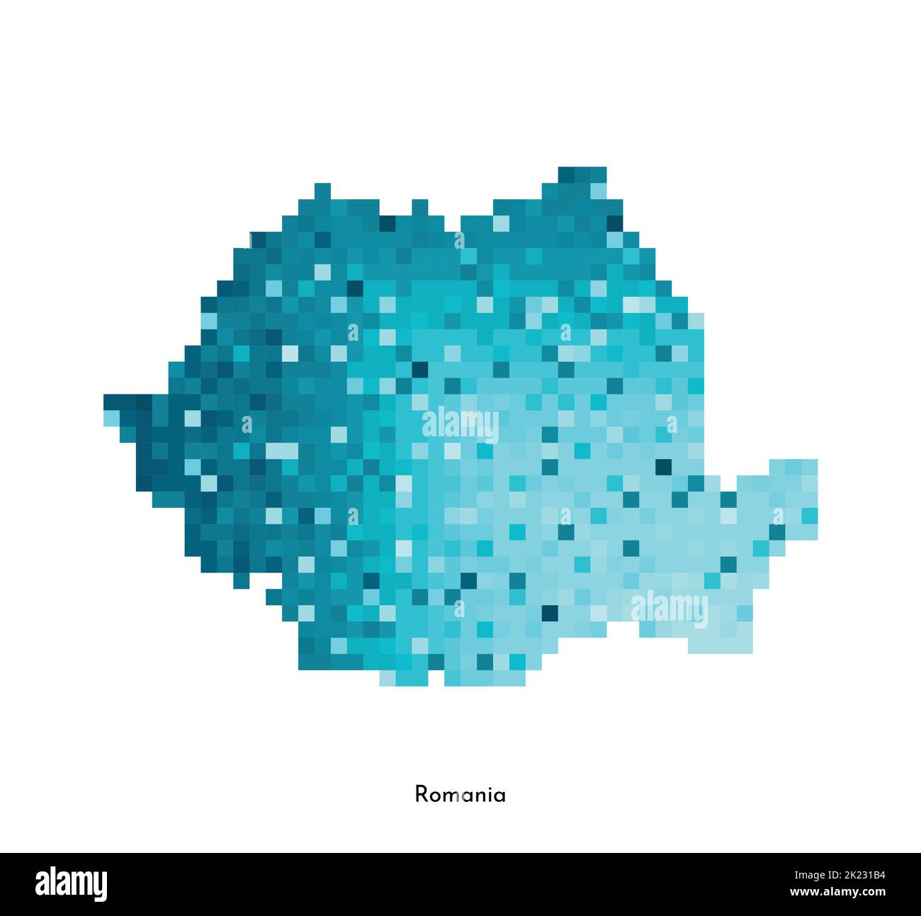 Vector isolated geometric illustration with simple icy blue shape of Romania map. Pixel art style for NFT template. Dotted logo with gradient texture Stock Vector