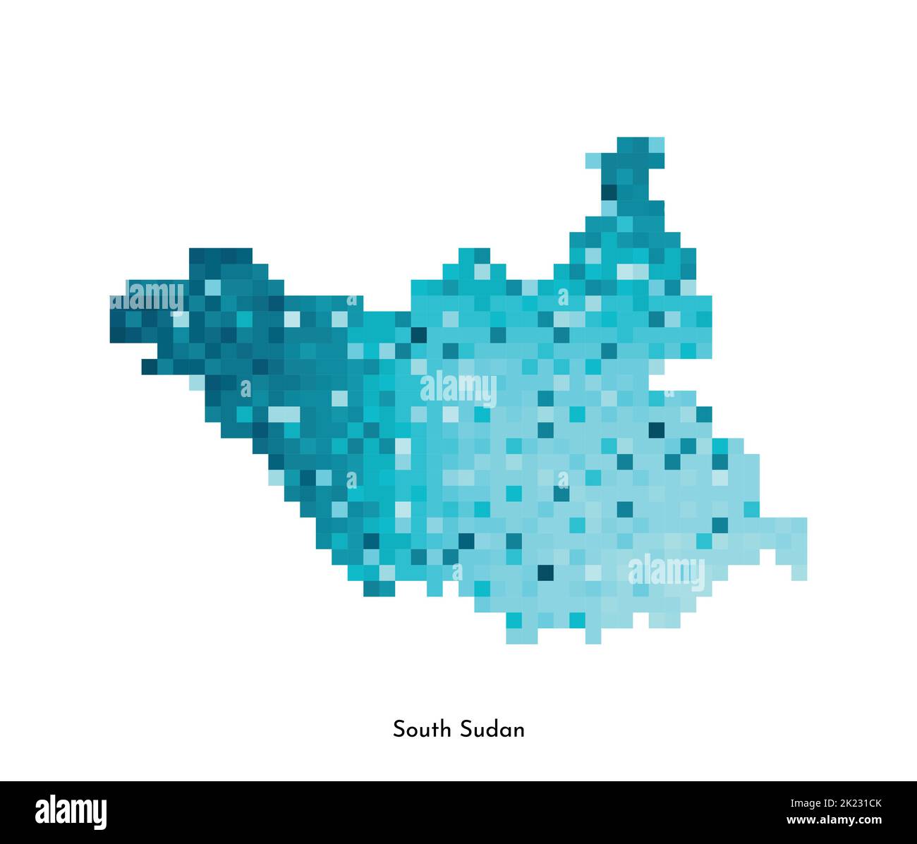 Vector isolated geometric illustration with simple icy blue shape of South Sudan map. Pixel art style for NFT template. Dotted logo with gradient text Stock Vector