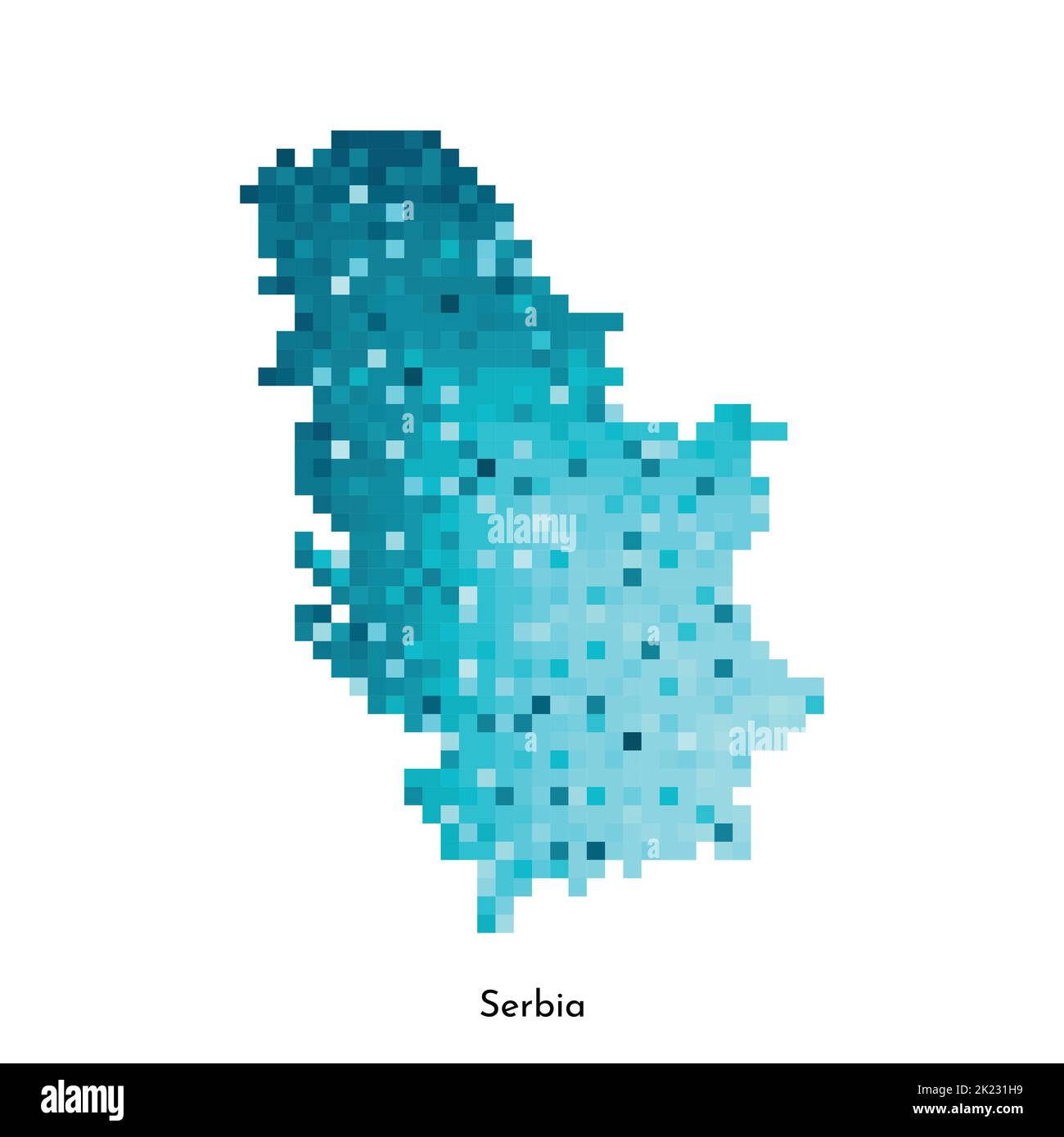 Vector isolated geometric illustration with simple icy blue shape of Serbia map. Pixel art style for NFT template. Dotted logo with gradient texture f Stock Vector