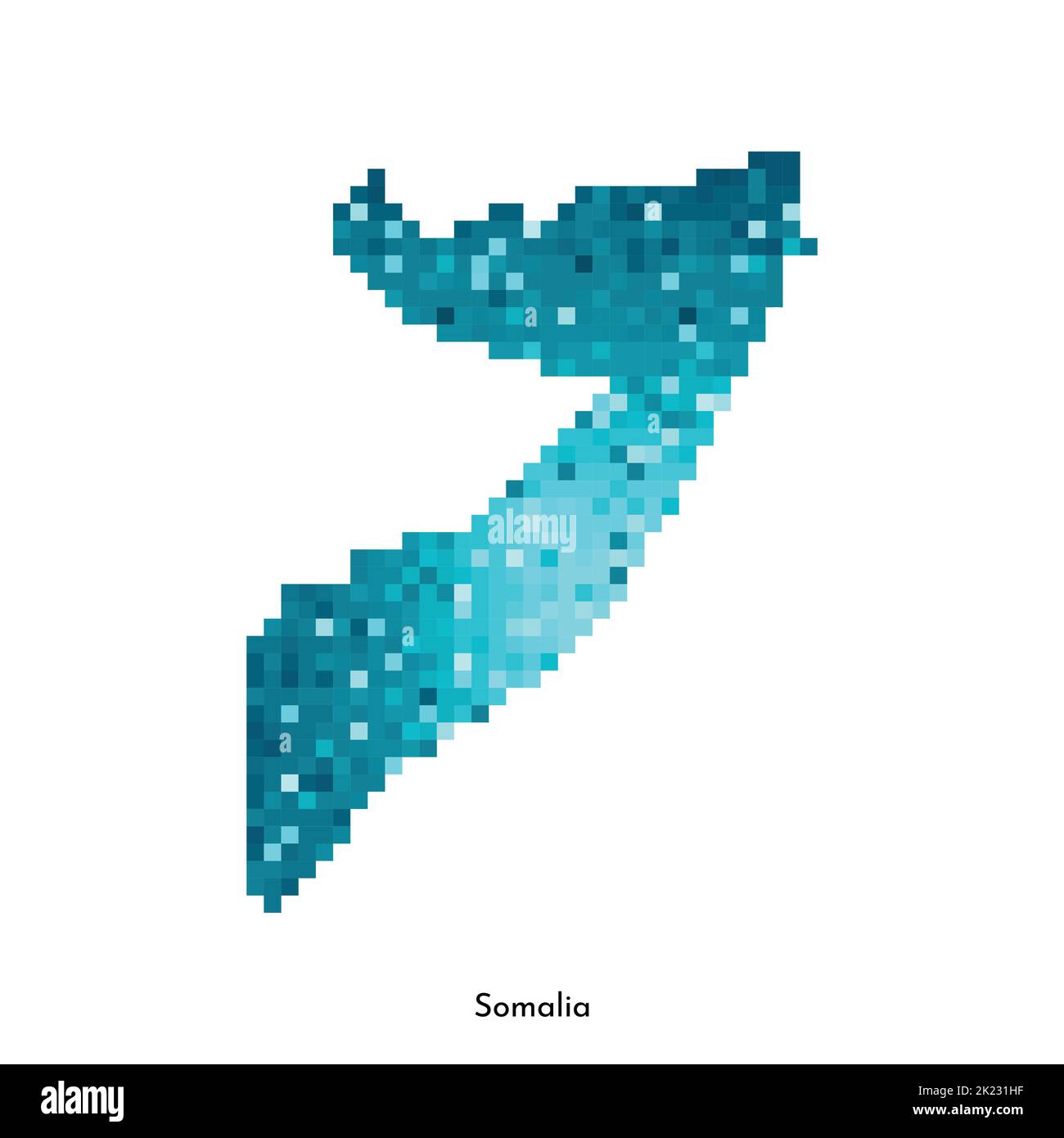 Vector isolated geometric illustration with simple icy blue shape of Somalia map. Pixel art style for NFT template. Dotted logo with gradient texture Stock Vector