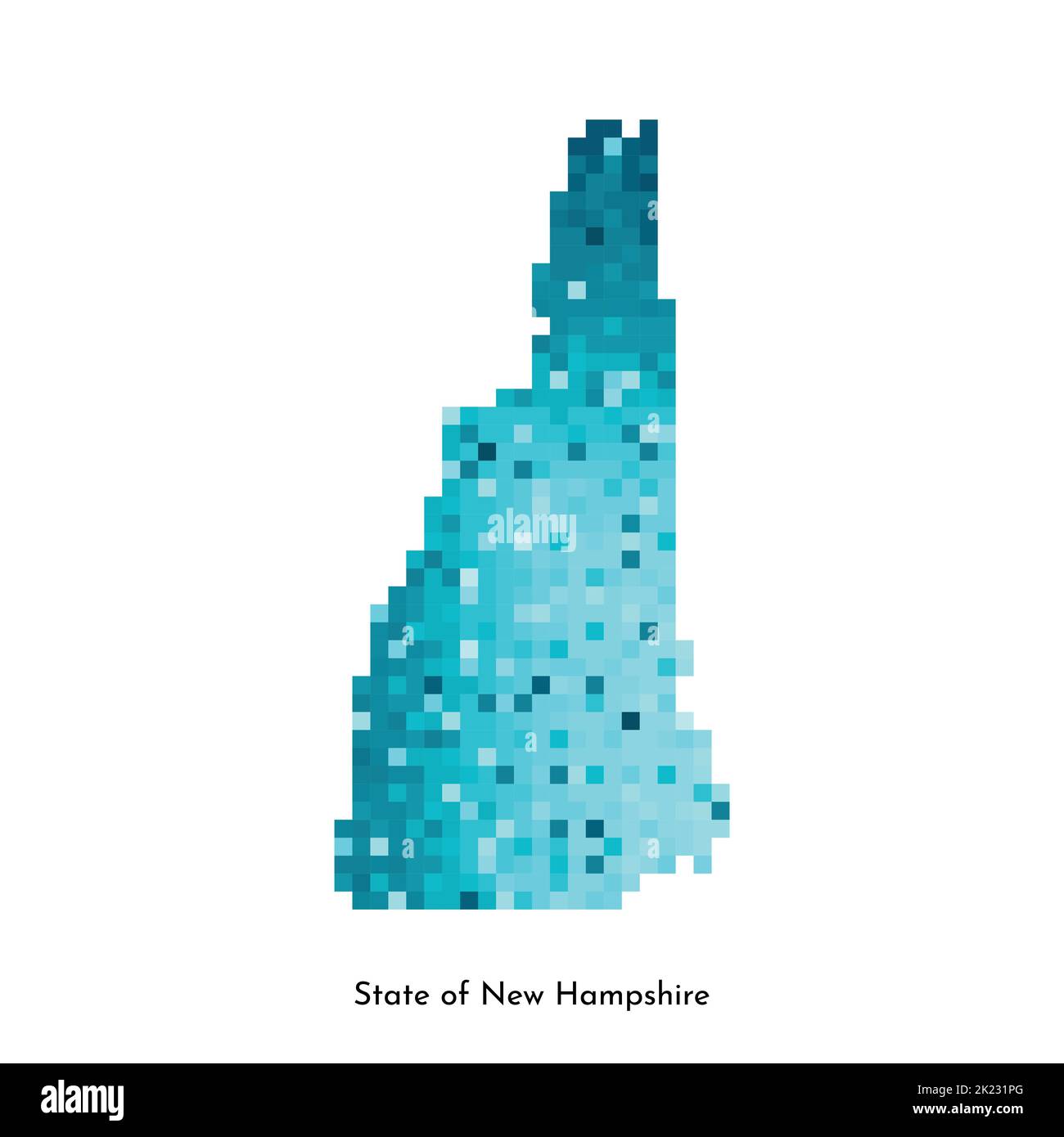 Vector isolated geometric illustration with icy blue area of USA - State of New Hampshire map. Pixel art style for NFT template. Simple colorful logo Stock Vector