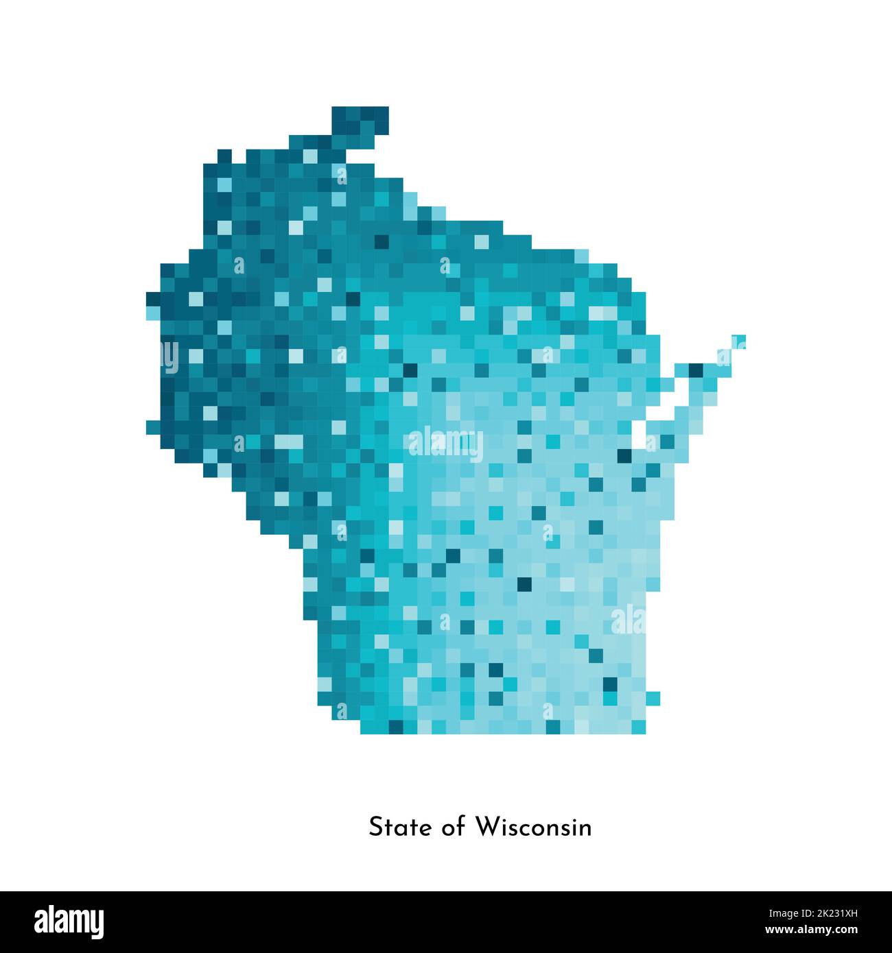 Vector isolated geometric illustration with icy blue area of USA - State of Wisconsin map. Pixel art style for NFT template. Simple colorful logo with Stock Vector