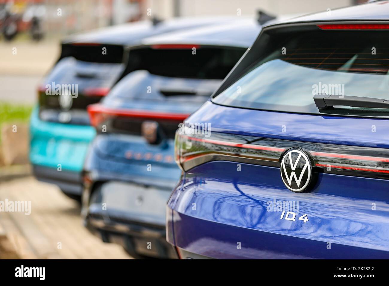 Zwickau, Germany. 26th Apr, 2022. A VW ID.3 (l-r), Seat Cupra Born and VW ID.4 stand on Volkswagen's factory premises in Zwickau. In addition to VW vehicles, vehicles from the Group's Audi and Seat brands also come off the production line at the plant. The vehicles are based on the Modular Electric Toolkit. Volkswagen has converted the site, which employs around 9,000 people, into a purely electric vehicle factory at a cost of 1.2 billion euros. Credit: Jan Woitas/dpa/Alamy Live News Stock Photo
