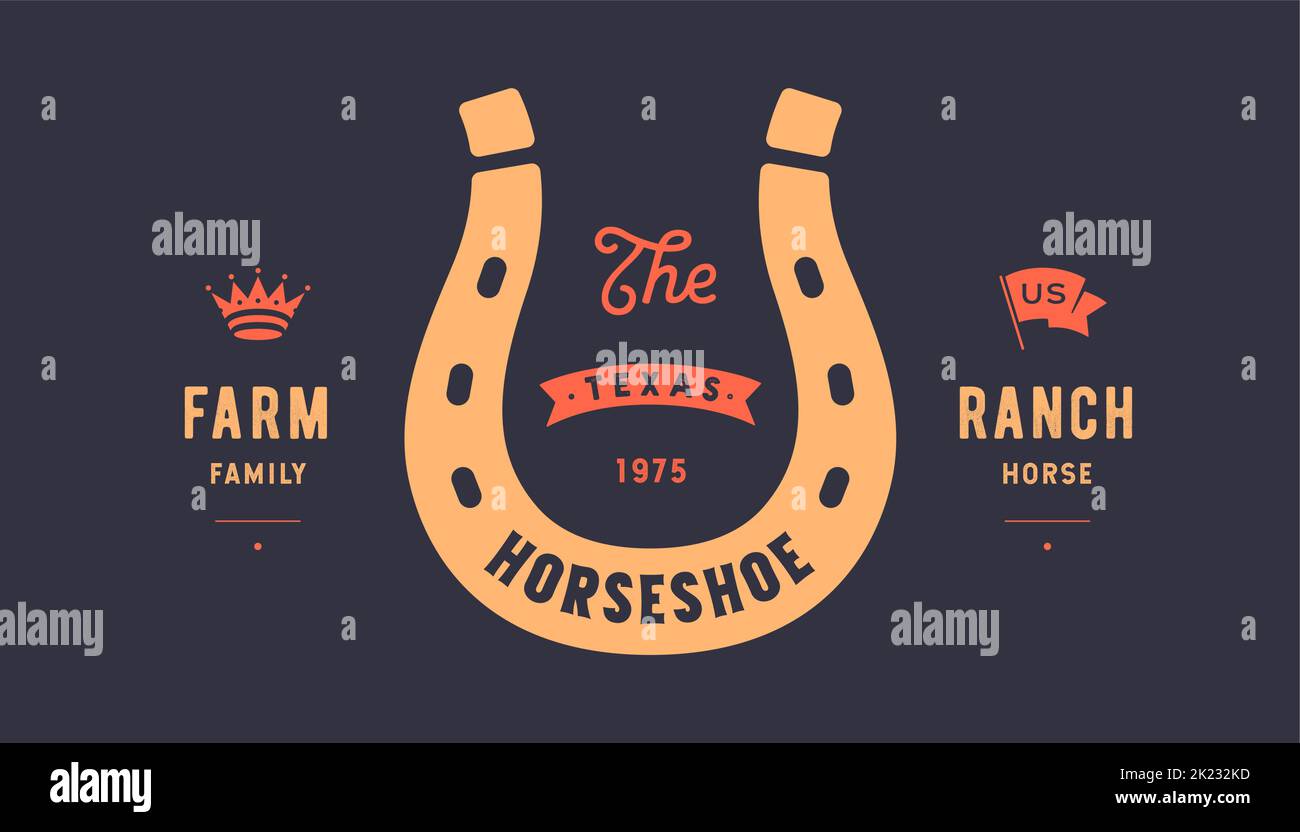 Logo lucky horseshoe. Text Horseshoe, Farm Ranch, gold horseshoe