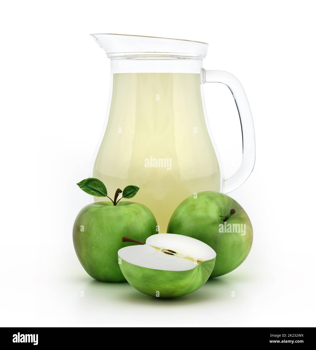 Fresh green apples and apple juice inside glass jug isolated on white background. 3D illustration. Stock Photo