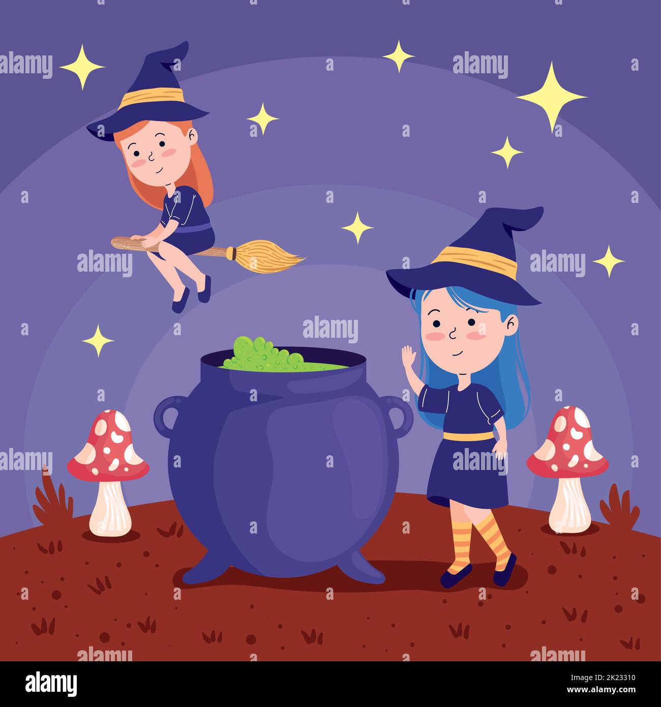 halloween witches with cauldron Stock Vector